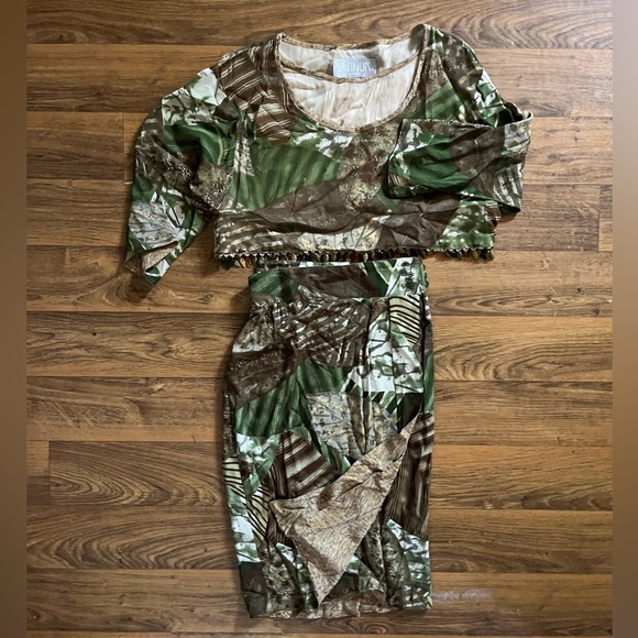 Platinum by Dorthy Schoelen Vintage Camouflage Skirt-suit with Beaded Crop Top - Picture 1 of 7